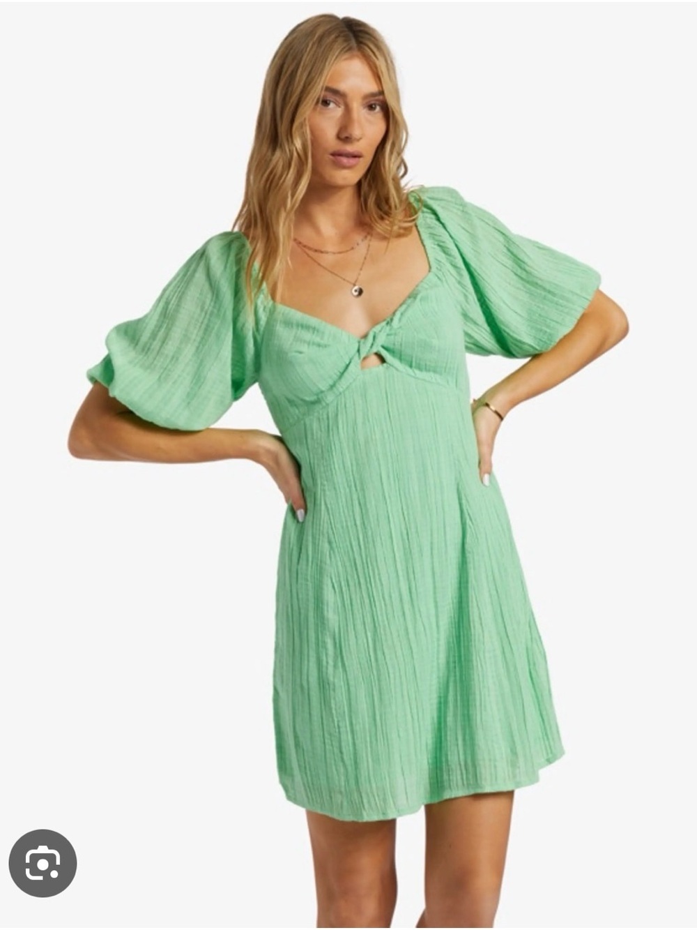 Billabong Bright Green Puff-Sleeve Mini Dress